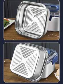 1800ml/60.87oz Extra Large Capacity Stainless Steel Food Storage Container, Blue Lid, Airtight Reusable, Suitable For Refrigerator, Lunch Box, Kitchen Essential - Silver - View 3