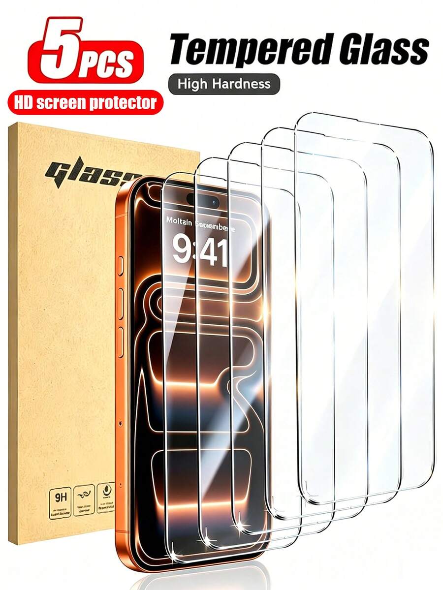 Bộ 5 miếng dán màn hình cường lực siêu bền, độ phân giải cao, tương thích với các dòng máy 17/17Pro/17Air/17Pro Max, 16/16Pro/16Plus/16Pro Max, 15/15Plus/15Pro/15Pro Max, 14/14Plus/14Pro/14Pro Max, 13 Mini/13/13Pro/13Pro Max, 12 Mini/12/12Pro/12Pro Max, 11/11Pro/11Pro Max. Chống trầy xước, chống rơi vỡ, chống bám vân tay, độ cứng 9H, dễ dàng lắp đặt.