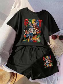 Bộ đồ nữ cỡ lớn dáng rộng thoải mái gồm áo thun ngắn tay và quần short có dây rút, màu đen thanh lịch. - màu đen - Xem 1