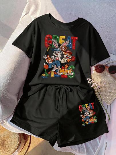 大码女式休闲宽松短袖T恤和抽绳短裤套装