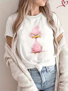 Women's Cotton T-Shirt, Short Sleeve, Round Neck, Casual Style, Soft And Breathable, Sizes S-Available, Summer Fashion, Daily Wear, Loose Fit, Suitable For All Seasons. - 白色 - 查看 1