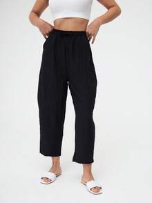Women High Waist Drawstring Harem Pants Loose Fit Lightweight Summer Casual Trousers - Black - View 5