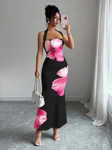 Vestido midi estampado de verano 2025 para mujer, con cuello halter y cintura ajustada. - Negro - Ver 6