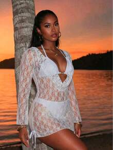 3pcs Floral Jacquard Bikini Set, Including Camisole Top, Bra And Panty, With Removable Swimwear Pads And Chiffon Printed Cover-Up, Suitable For Summer Vacation, Beach, Festivals And Other Occasions - Multicolor - View 5