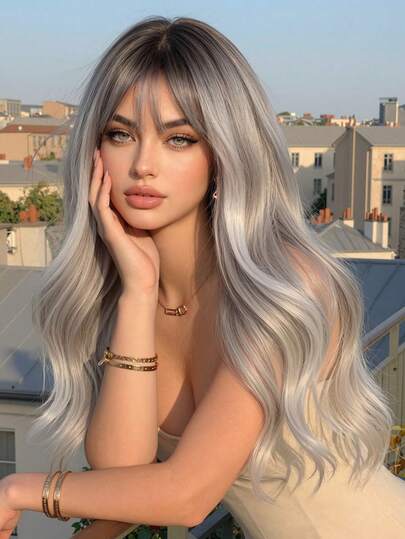 26英寸渐变长卷发假发，带刘海，耐热合成纤维，柔软舒适，适合日常、派对、婚礼等场合。