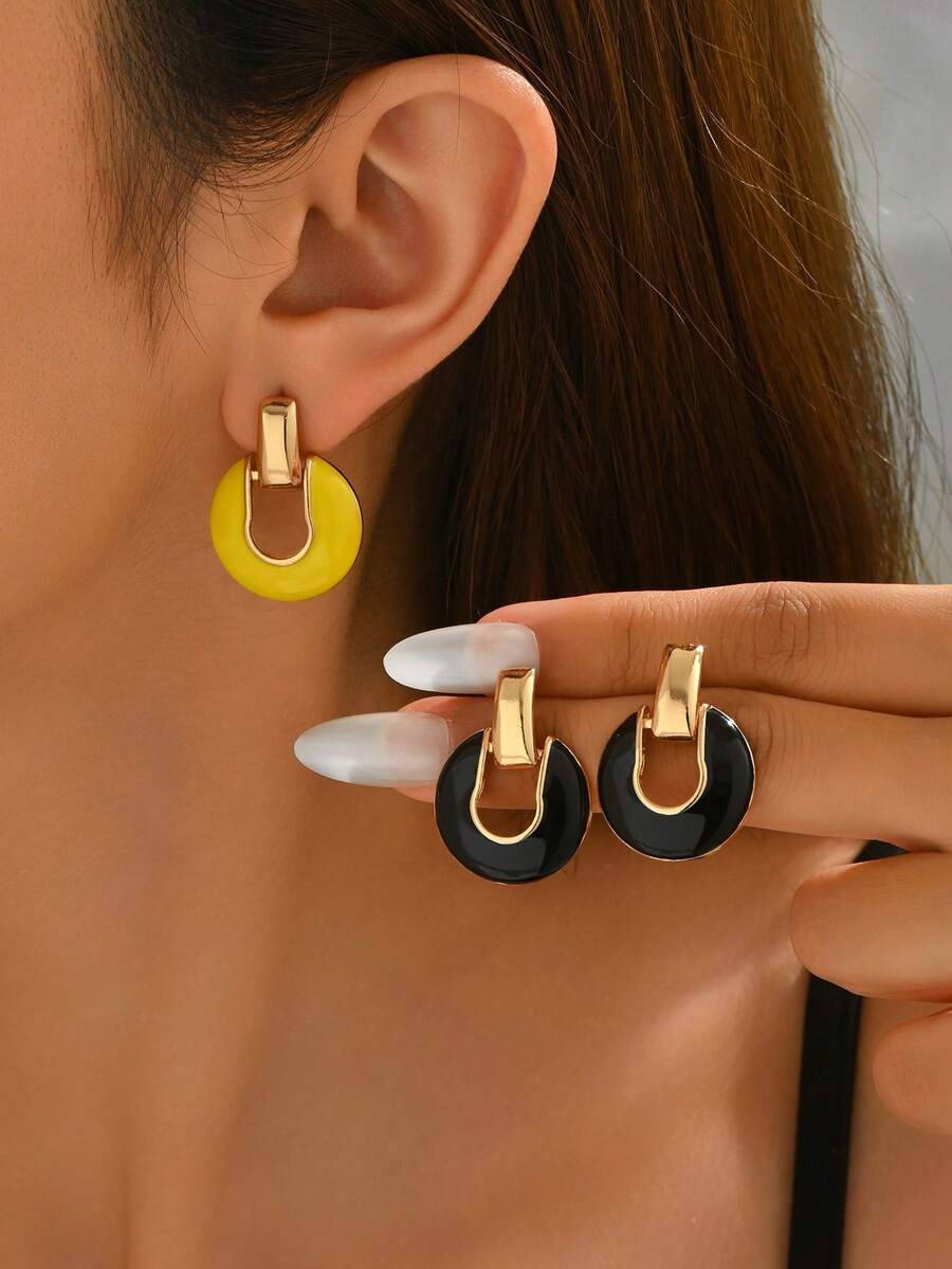 1 Đôi bông tai tròn kiểu Pháp cổ điển, thanh lịch, mạ vàng và tráng men, đa năng cho phụ nữ đeo vào mùa hè, đi biển, hẹn hò, dự tiệc và các dịp hàng ngày. - Bông tai nhỏ giọt dầu - Xem 1