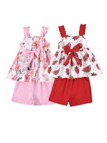 2 Pcs Infant Summer Outfits, Baby Girl Watermelon/Flower Ruffle Strap Square Collar Bowknot Tank Top + Shorts with Pockets - flores rosas - Ver 8