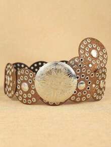 1pc Women's Western Cowgirl Style Boho Chic Country Belt, Women's Bronze Oval Turquoise Decor Buckle, Bronze Floral Accent Patchwork Belt, Suitable For Dresses, Skirts, Jeans, Work And Vacation Outfits - Coffee Brown - View 17