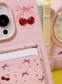 粉色樱花图案卡包 粉色樱花蝴蝶结图案卡包 2个手机壳+粘性卡槽 兼容苹果13系列、11系列、12系列、14系列、15系列、16系列 防水防震防摔防刮 春季礼物 派对礼品 - 彩色 - 查看 3