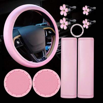 Pink Steering Wheel Cover Set, Including Seat Belt Cover, Car Cup Holder, Shiny Start Button Ring, Air Vent Clip - Cute Car Accessories Set For Women