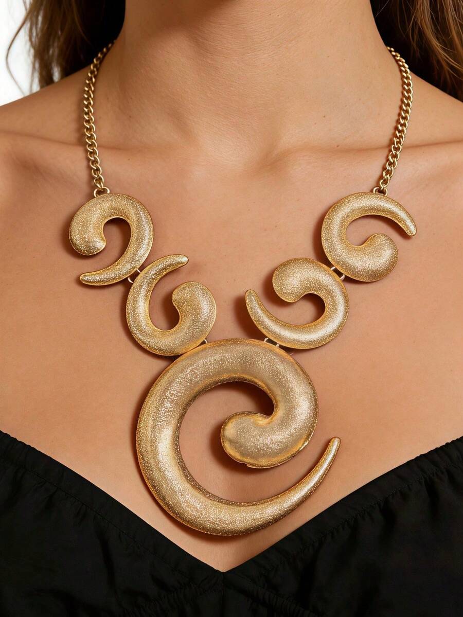 1 pieza Collar de verano con estilo retro elegante chapado en oro mate con espiral geométrica, versátil para la playa, fiestas y uso diario - amarillo dorado - Ver 1