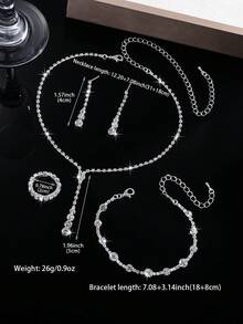 Bộ trang sức 4 món thanh lịch tối giản đính đá lấp lánh, bao gồm dây chuyền, bông tai, vòng tay và hai hàng khuyên co giãn. Thích hợp cho tiệc tùng, đám cưới, kỳ nghỉ, mùa hè, làm trang sức, phụ kiện. - Trắng sáng - Xem 4
