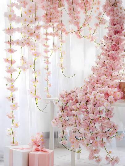 Artificial Cherry Blossom Garland, Silk-Like Hanging Sakura Vine For Wedding Party Home Decor, Pink Trailing Flower Vine, Silk-Like Sakura Vine For Wedding, Party, Home, Garden, Arch, Indoor Decoration