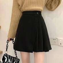 Minifalda de cintura alta con corte en A para mujer, faldas cruzadas de lana para primavera y otoño, faldas cortas asimétrica... - Negro [con pantalones de  adentro] - Ver 4