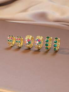 Give Her The Best Gift! 1/3 Pair Gold Emerald And Multicolor Cubic Zirconia Huggie Earrings, Floral And Round Cut Zirconia Design Hoops, Perfect For Birthday, St. Patrick's Day, Valentine's Day And Christmas, High Quality Jewelry - Gold - View 2