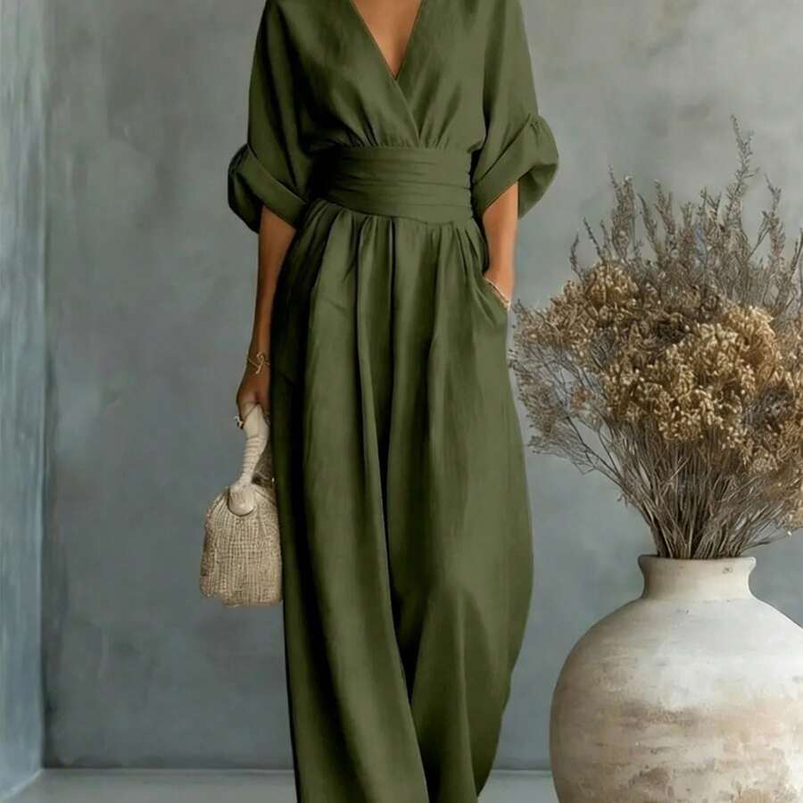 2026 New Women's Linen-Blend Jumpsuit, Deep V-Neck Half-Sleeve Belt Wide-Leg Pants, Elegant Casual Jumpsuit With Pockets, Suitable For Daily Wear In Summer Vacation - 軍綠色 - 查看 1