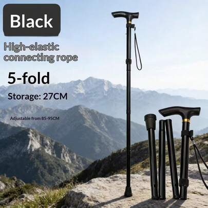 Outdoor Retractable Folding Walking Stick, Portable Hiking Trekking Anti-Slip Cane, Aluminum Alloy Curved Handle Crutch For Elderly