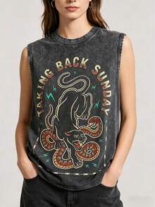 Men's Y2K Vintage Distressed Charcoal Gray Sleeveless Tank Top - Official TAKING BACK SUNDAY Rock Band Graphic Tee​ Featuring Dynamic Black Panth Er Pouncing On Snakes, Encircled By Razor Wire & Green Lightning, 100% Cotton Super Soft & Breathable, Emo Rock Streetwear Gift VS003-A - 黑色 - 查看 2