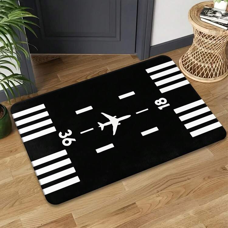 1pc Flannel Airplane Runway Pattern Non-Slip Mat, Premium Soft Carpet, Machine Washable And Colorfast, Suitable For Living Room, Bedroom, Kitchen, Office, Laundry Room, Hallway, Tapestry Yoga Mat, Modern Minimalist Style Decoration, Home Aesthetics - Trắng - Xem 2