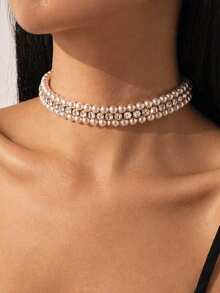 STONEFANS Collar de perlas multicapa brillante, collar de perlas y rhinestones de alto brillo, collar de perlas blancas nupcial, minimalista y elegante - Dorado - Ver 1