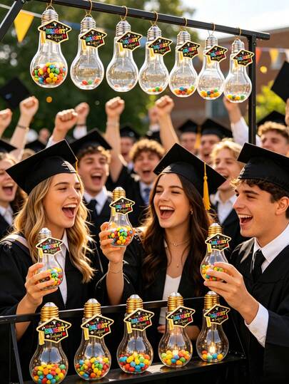 12pcs Graduation Gift Candy Jars, "Bright Future" Graduation Cap Shaped Cards And Light Bulb Shaped Candy Decorative Jars, Creative Light Bulb Decor, 2026 Graduation Party Snacks And Beverages Decor, Graduation Desktop Decor, Suitable For Adult Graduation Party DIY, Graduation Party Favors, Party Snack Decor