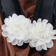 2pcs Camellia Tulle Crystal Detachable Shoe Clips, Multi-Layer Floral Pearl Rhinestone Bridal Wedding Shoes Decor, Elegant Removable Shoe Accessory For High Heels - Beige - View 6