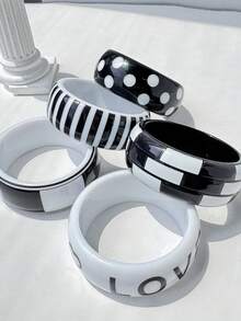 1pc Retro Casual Black & White Striped Polka Dot Geometric Wide Bracelet, Y2K Minimalist Millennium Style Jewelry, Fashionable Casual Women Accessory - Multicolor - View 5