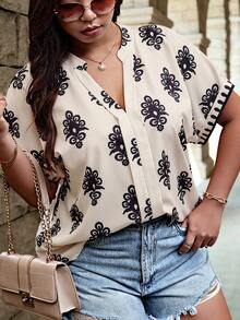 Blusa de mujer de manga larga con cuello en V y estampado floral - Multicolor - Ver 2