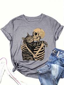 Summer Tops For Women Skull And Cat Pattern Printed T-Shirt - For Cat Lovers, Cat Moms And Dads - Soft And Comfortable Home Casual Round Neck Short Sleeve Top - Women's Clothing - Perfect Choice For Spring And Summer. Loose And Comfortable Mothers Day Outfit Summer Tops For Women Mothers Day Outfit Y2k Clothes Women - 黑色 - 查看 7