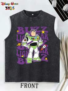 Authorized By Disney, Toy Story Buzz Lightyear Retro Wavy Print Is Used To Make Old Washed Sleeveless Vest. American Retro Loose Casual Sleeveless T-Shirt For Men And Women, A Gift From Disney Fans. - 黑色 - 查看 1