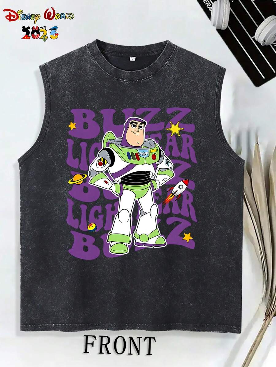 Authorized By Disney, Toy Story Buzz Lightyear Retro Wavy Print Is Used To Make Old Washed Sleeveless Vest. American Retro Loose Casual Sleeveless T-Shirt For Men And Women, A Gift From Disney Fans. - 黑色 - 查看 1