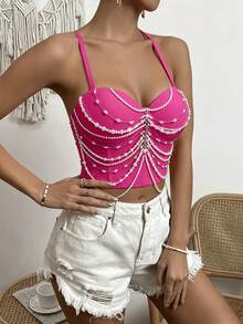 Top Bustier Sexy com Design de Corrente de Pérolas e Borla, Estilo Único de Nicho para Festival de Música, Camisole Casual de Verão para Mulheres - Pink - Visão 2