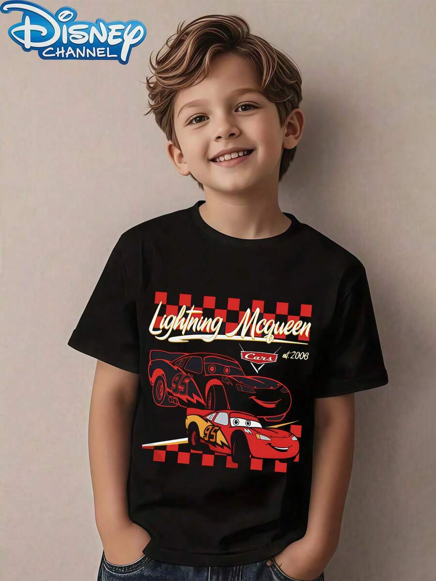 Disney 1pc Teen Boys "Lightning McQueen Est 2008" Print Short Sleeve Tshirt Boys Clothes Kids Clothes Boys Shirts Summer - màu đen - Xem 1