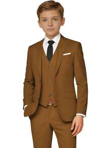 2026 Boys 5-Piece Formal Suit Set, Kids Wedding Communion Easter Tuxedo, Jacket Vest Pants With Shirt And Tie, Gentleman Formal Outfit - 卡其色 - 查看 1