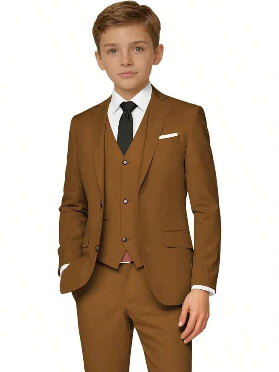 2026 Boys 5-Piece Formal Suit Set, Kids Wedding Communion Easter Tuxedo, Jacket Vest Pants With Shirt And Tie, Gentleman Formal Outfit - 卡其色 - 查看 1