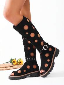 Giày sandal nữ kiểu dáng mới, khoét lỗ, đa năng, kiểu dáng châu Âu và Mỹ, đế bằng, có quai cài và khóa kéo phía trước, thích hợp cho mùa xuân/hè. - màu đen - Xem 4