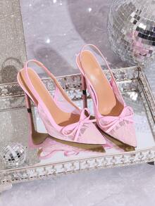 Women's Lace Bow Pointed Toe High Heel Pumps, 2026 New Pink High Heels,Summer Shoes - Pink - View 2