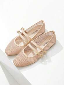 New Women Flat Ballet Mesh Shoes, Black And Beige, Round Toe, Solid Color Breathable Casual Flat Shoes, Fashionable And Comfortable - 綠色 - 查看 1