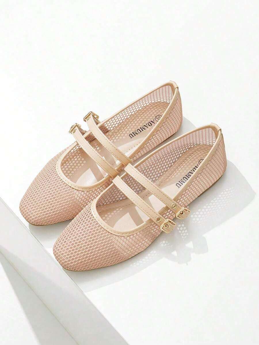New Women Flat Ballet Mesh Shoes, Black And Beige, Round Toe, Solid Color Breathable Casual Flat Shoes, Fashionable And Comfortable - 綠色 - 查看 1