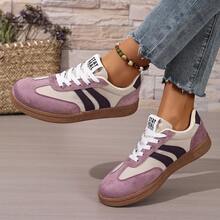 New Patchwork Retro Casual Shoes For Women, Low-Top Striped Sneakers, Breathable Soft Sole Leisure Shoes, Student Versatile Sports Shoes, Plus Size Slimming Daily Commute Shoes, Lightweight Flat Vintage Running Shoes - Purple - View 4