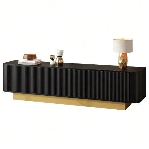 Meuble TV bas 170 cm (long) | Meuble TV bas moderne avec espace de rangement – Design arrondi, gestion des câbles, façade texturée – Meuble multimédia pour salon 170 cm - Noir - Voir 1