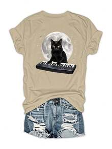 Black Cat Playing Keyboard Under Moon 180g Milk Silk Double Grinding Women's T-Shirt,Comfortable,Suitable,Casual Versatile Tops, Street Wear, Daily Outfits, Free Shipping - 杏色 - 查看 1