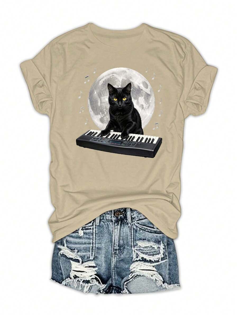 Black Cat Playing Keyboard Under Moon 180g Milk Silk Double Grinding Women's T-Shirt,Comfortable,Suitable,Casual Versatile Tops, Street Wear, Daily Outfits, Free Shipping - 杏色 - 查看 1