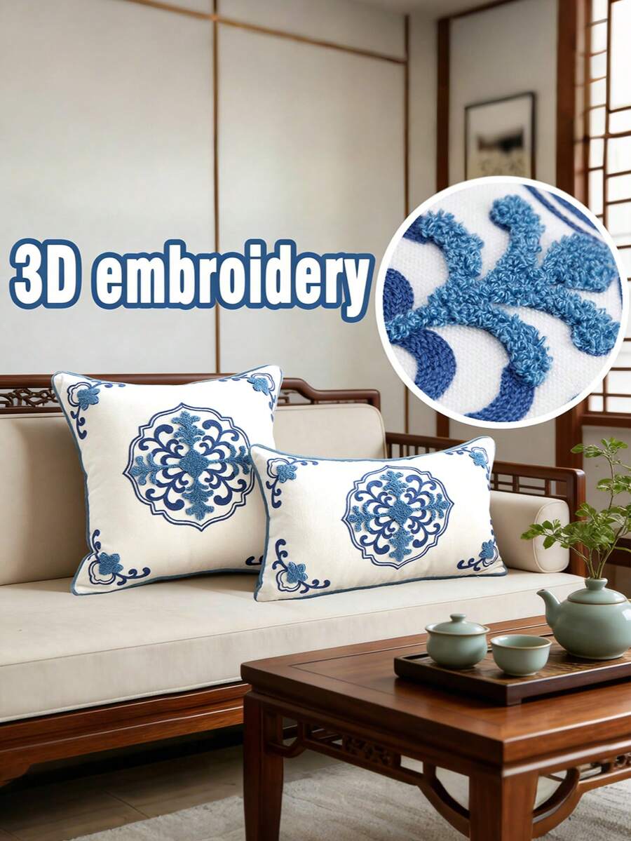 1pc New Chinese Style 3D Embroidered Throw Pillow Cover, Blue And White Porcelain Pattern Oriental Decor Cushion Cover, Chenille Fabric With Velvet Trim, Suitable For Living Room, Bedroom, Tea Room, Oriental Aesthetics Decoration, Pillow Insert Not Included