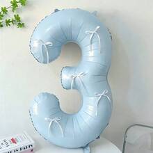 7pcs Blue Number Balloon Set, Bow Tie DIY Decor, Blue Number (0-9) Foil Balloons, Includes Glue, Suitable For Birthday Party, Room Decor, Anniversary, Photo Props, Princess Party Decoration - Baby Blue + Bow - View 4