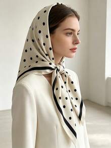 波点真丝优雅办公休闲配饰，高档缎面卷边，米色和黑色 - 白色 - 查看 4