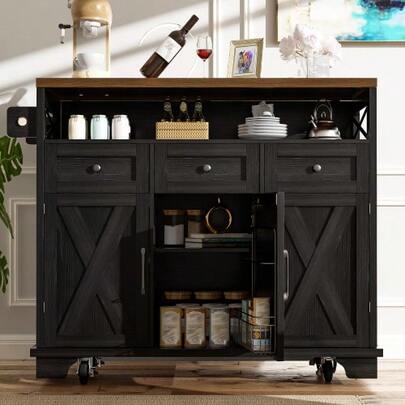 Modern Kitchen Cabinet (118*43-70*98cm) Küchenschrank Essschrank Mit Holzmaserung Esswagen Mit Rädern, Mit Multifunktionalem Stauraum, Herausnehmbaren Trennwänden, Mit Handtuchhalter, Schwarz