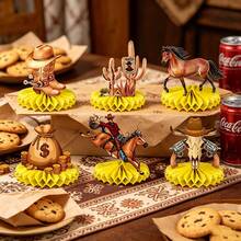 Decoración de sobremesa con forma de panal de estilo vaquero occidental, adecuada para la decoración de fiestas con temática occidental. Suministros para fiestas con temática occidental, un pequeño vaquero está llegando, adecuado para suministros de bautizo. Decoración de mantel de cumpleaños - Ver 4