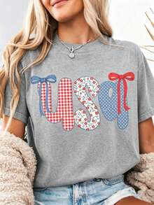 Cute Gingham Floral USA Bow T-Shirt,  4th Of July Casual Tee,Event Support T-Shirts,Suitable For Both Celebrations And Everyday Wear - 灰色 - 查看 1