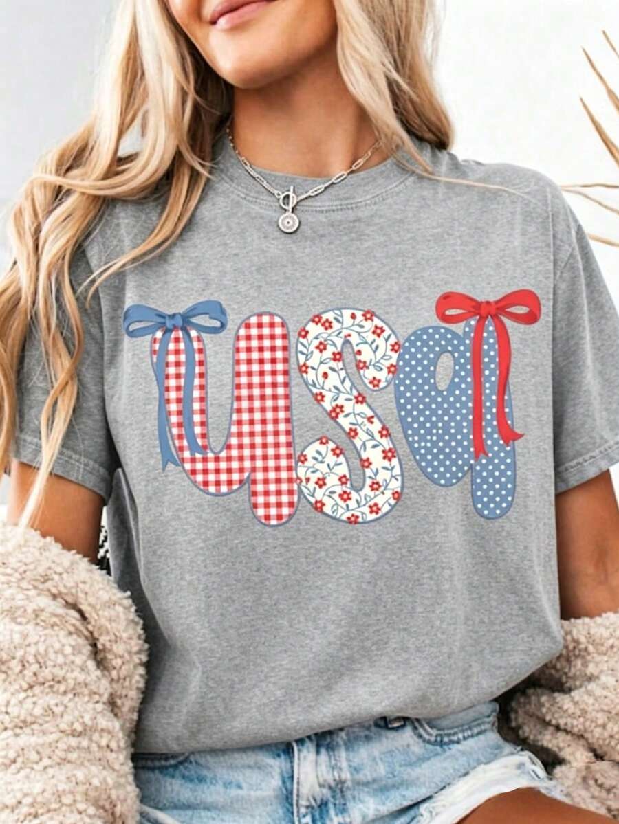 Cute Gingham Floral USA Bow T-Shirt,  4th Of July Casual Tee,Event Support T-Shirts,Suitable For Both Celebrations And Everyday Wear - 灰色 - 查看 1